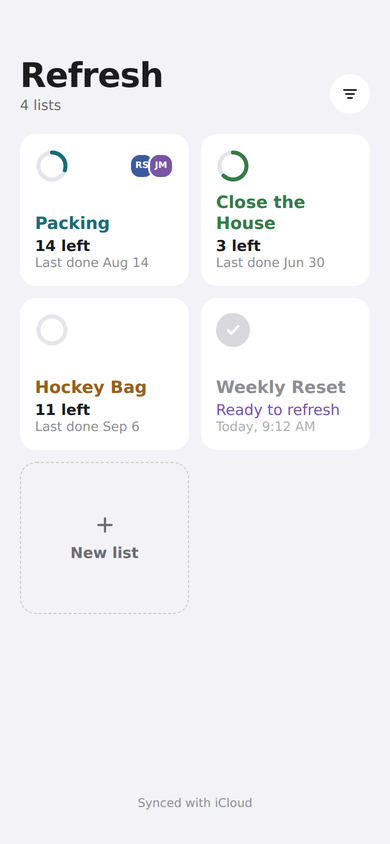 Home screen with a tile for each list